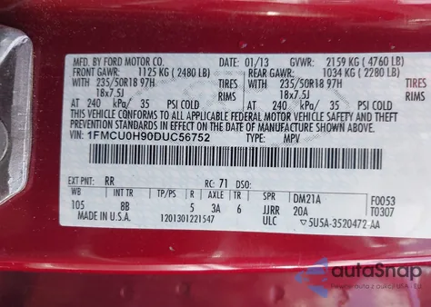 2013 Ford Escape Sel z USA, uszkodzony, nr VIN 1FMCU0H90DUC56752